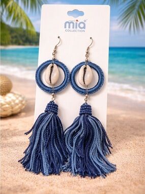 Blue Tassel Cowrie Shell Earrings / Boho Beach Statement MUA Collection NWT